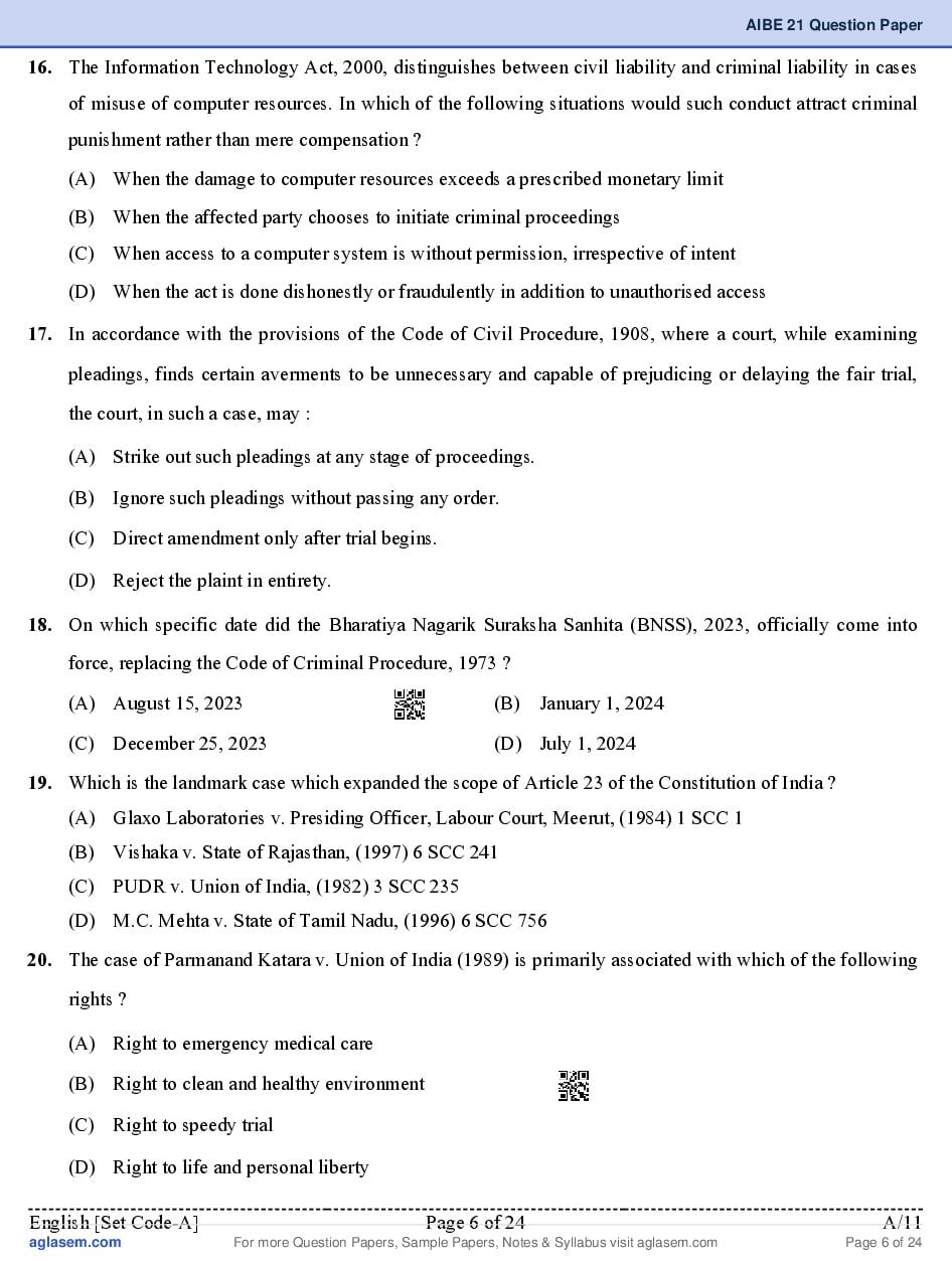 AIBE XXI (21) 2026 Question Paper PDF with Final Answer Key