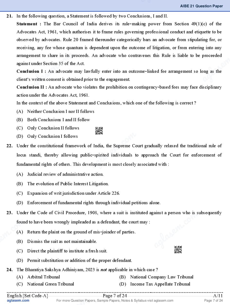 AIBE XXI (21) 2026 Question Paper PDF with Final Answer Key