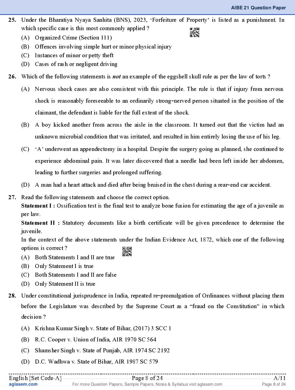 AIBE XXI (21) 2026 Question Paper PDF with Final Answer Key
