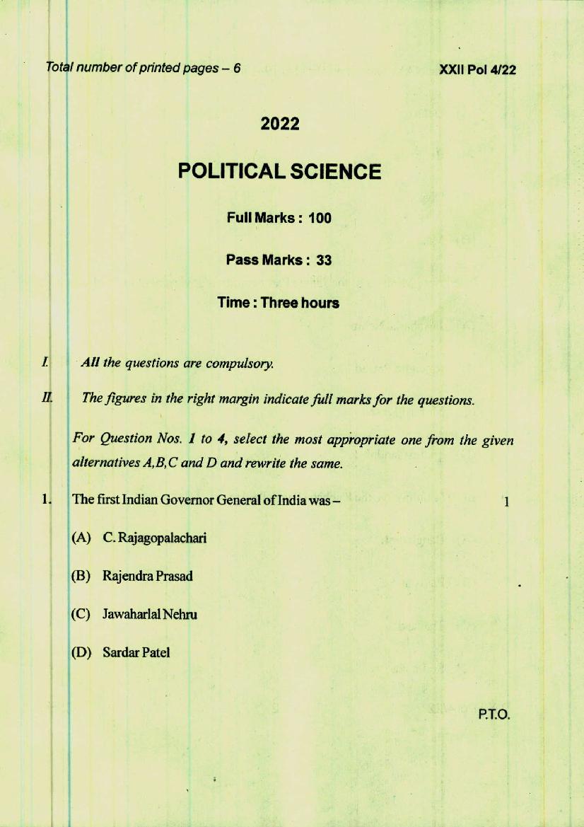 Manipur Board Class 12 Question Paper 2022 for Political Science - Page 1