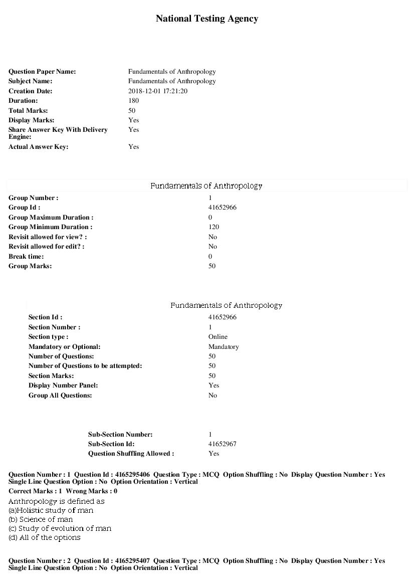 SWAYAM 2018 Question Paper Fundamentals of Anthropology - Page 1 of 9