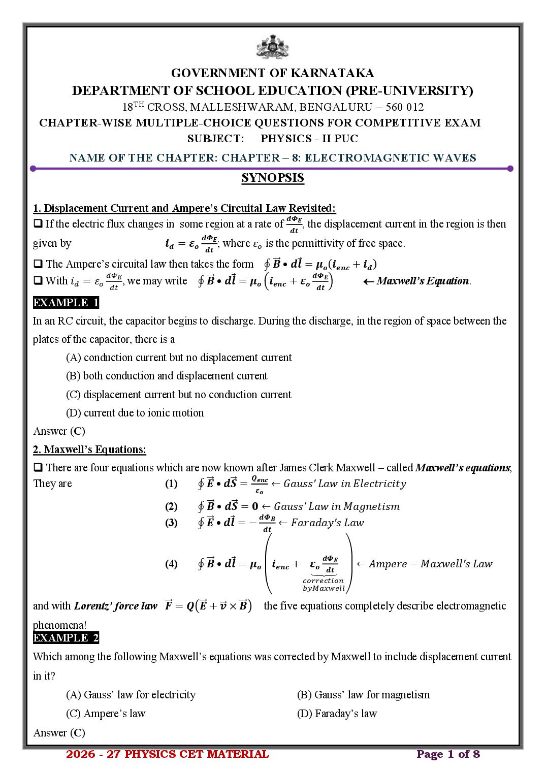 Karnataka 2nd PUC Physics Electromagnetic Waves MCQ with Answers - Page 1 of 8