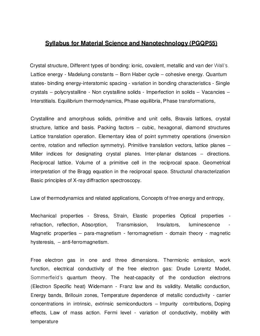 CUET PG 2022 Syllabus PGQP55 Material Science and Nanotechnology - Page 1