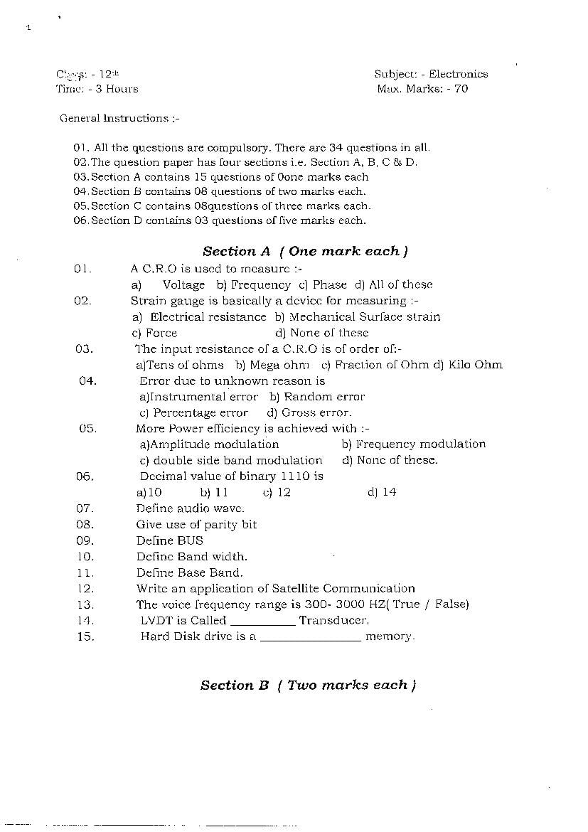 JKBOSE Class 12 Model Question Paper 2021 for Electronics - Page 1