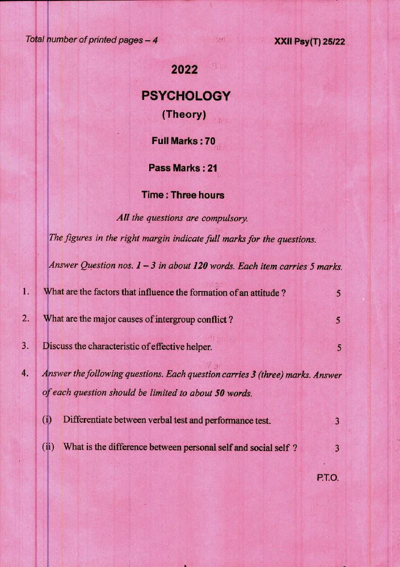 Manipur Board Class 12 Question Paper 2022 for Psychology - Page 1