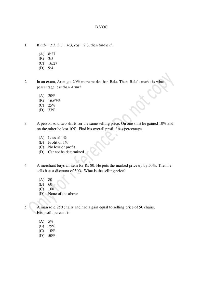 CUSAT CAT 2021 Question Paper B.Voc - Page 1