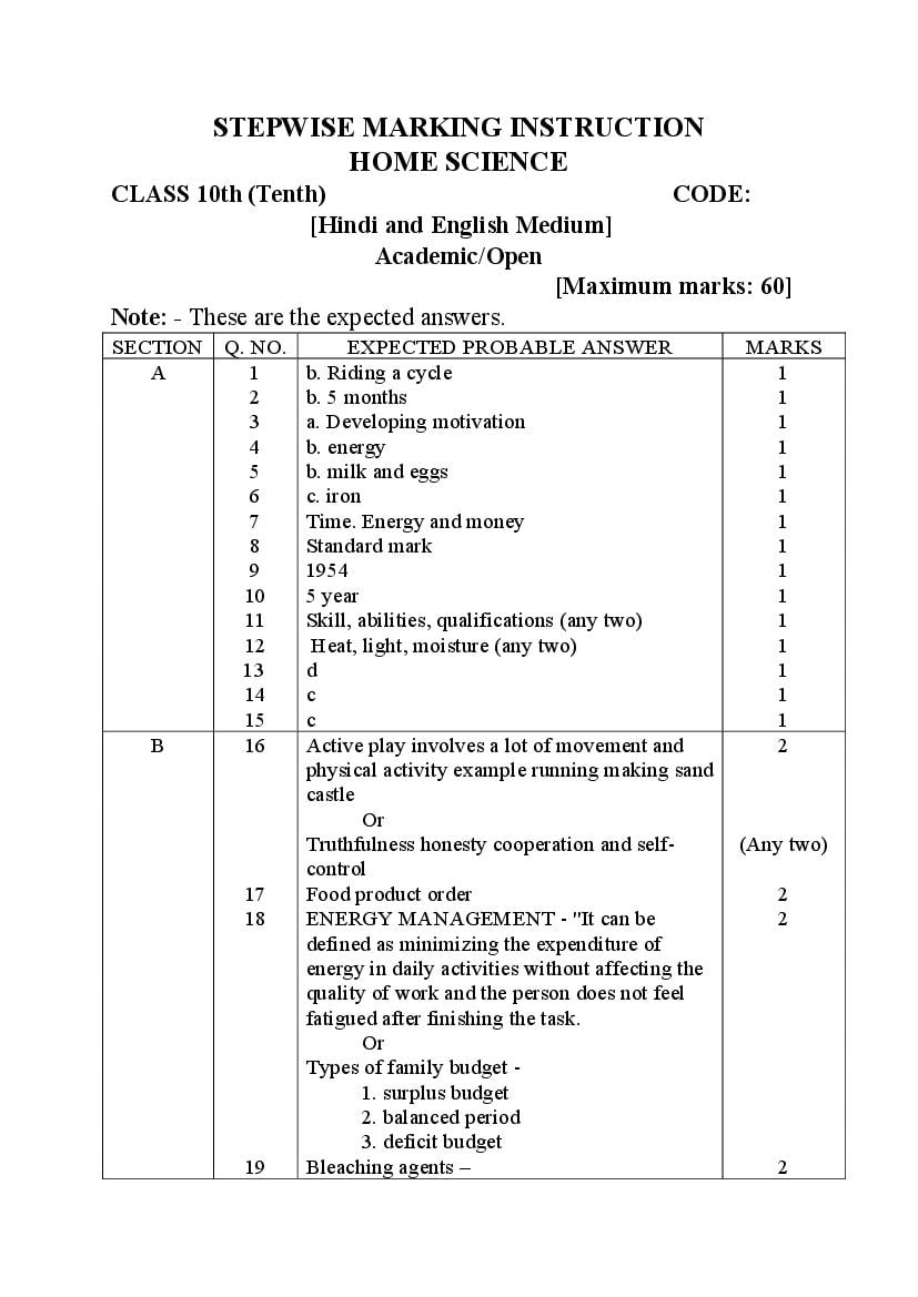 HBSE Class 10 Sample Paper 2026 Answers Home Science - Page 1