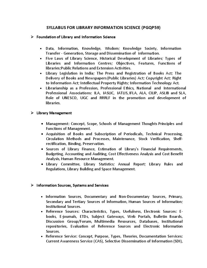 CUET PG 2022 Syllabus PGQP59 Library Information Science - Page 1
