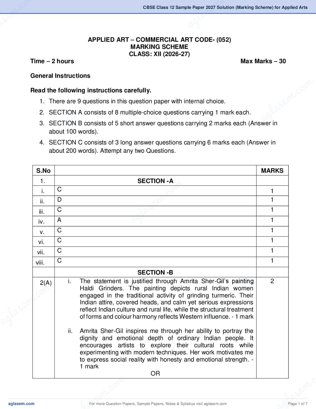 CBSE Class 12 Sample Paper 2027 Solution (Marking Scheme) for Applied Arts - Page 1 of 7