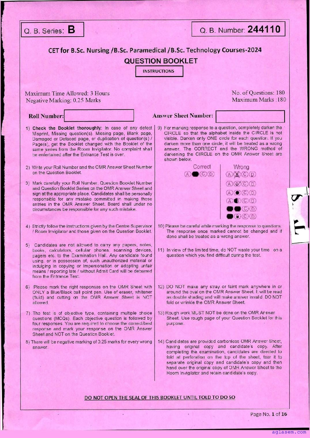 JKBOPEE B.Sc Nursing 2024 Question Paper - Page 1 of 12