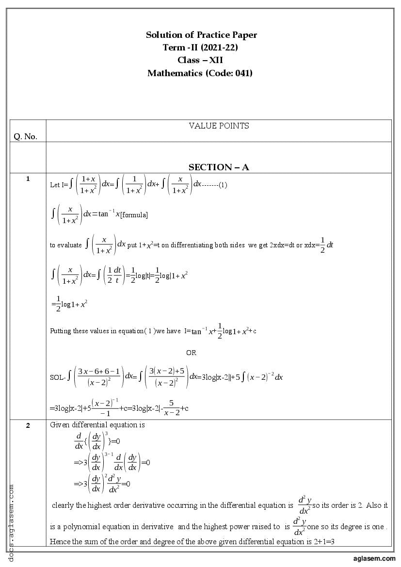 Class 12 Sample Paper 2022 Solution Maths Term 2 - Page 1