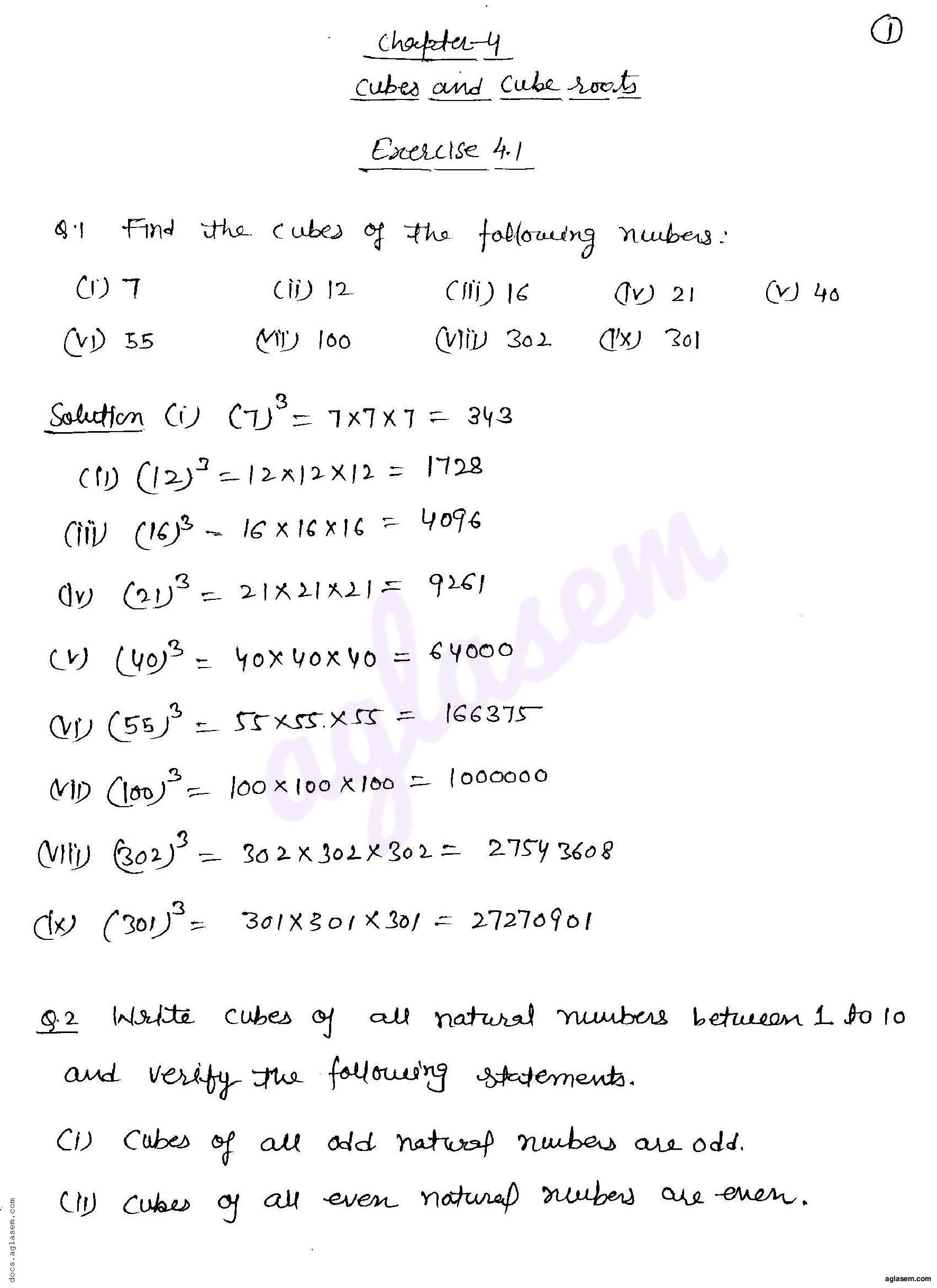 RD Sharma Solutions Class 8 Chapter 4 Cubes and Cube Roots Exercise 4.1 - Page 1