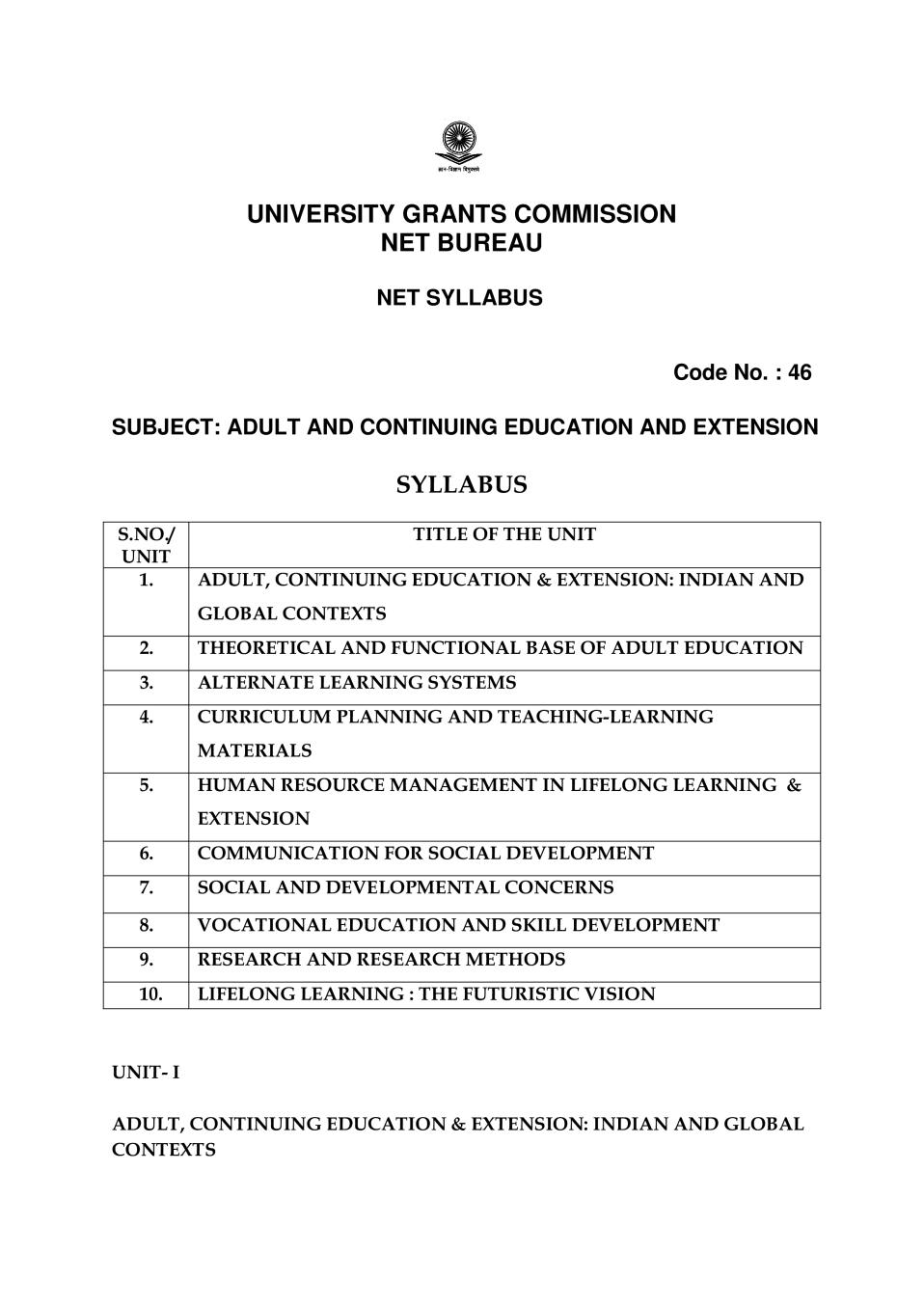 UGC NET Syllabus for Adult Education 2020 - Page 1