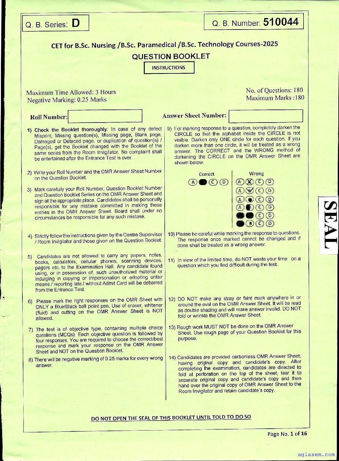 JKBOPEE B.Sc Nursing 2025 Question Paper - Page 1 of 16