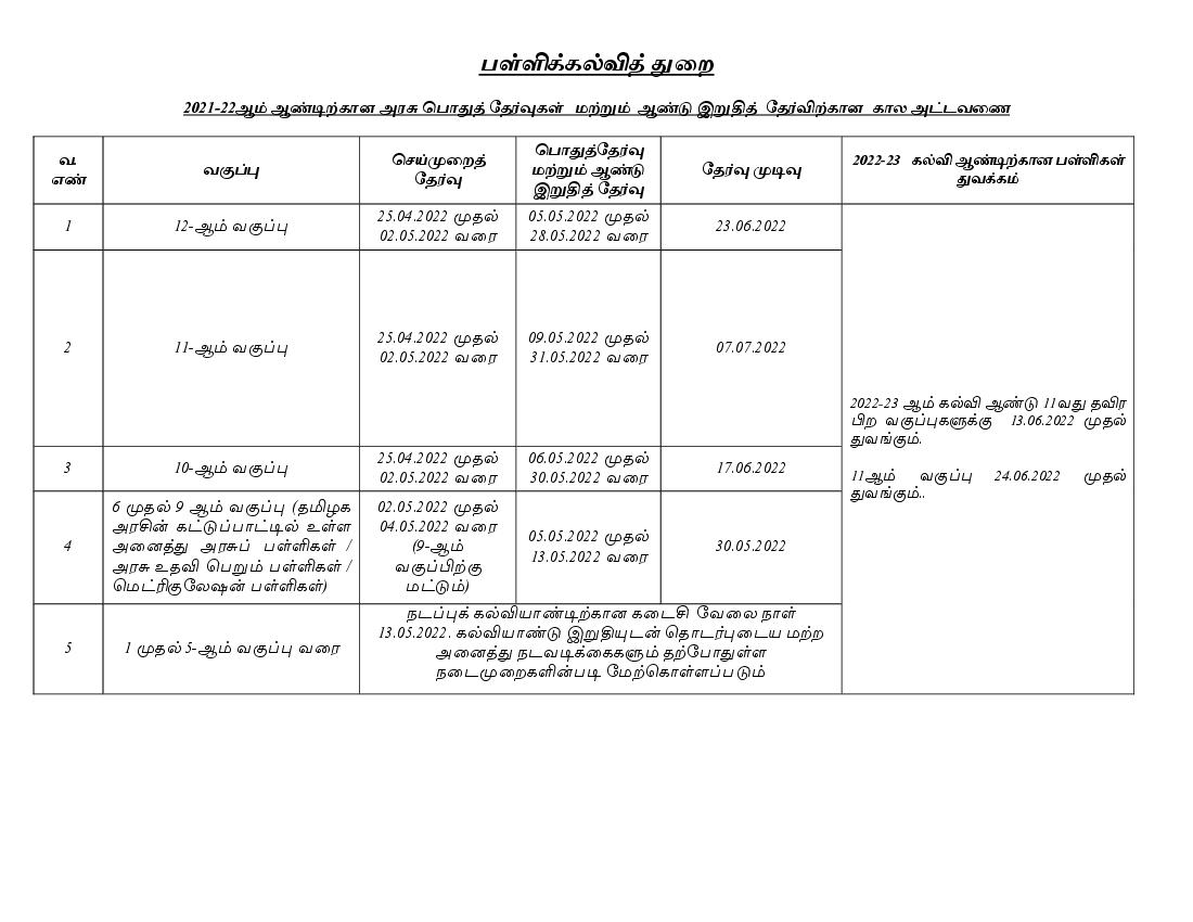 Tamil Nadu 10th, 11th, 12th 2022 Exam Time Table - Page 1
