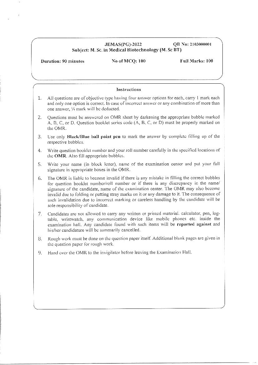 JEMAS PG 2022 Question Paper M.Sc CCS - Page 1