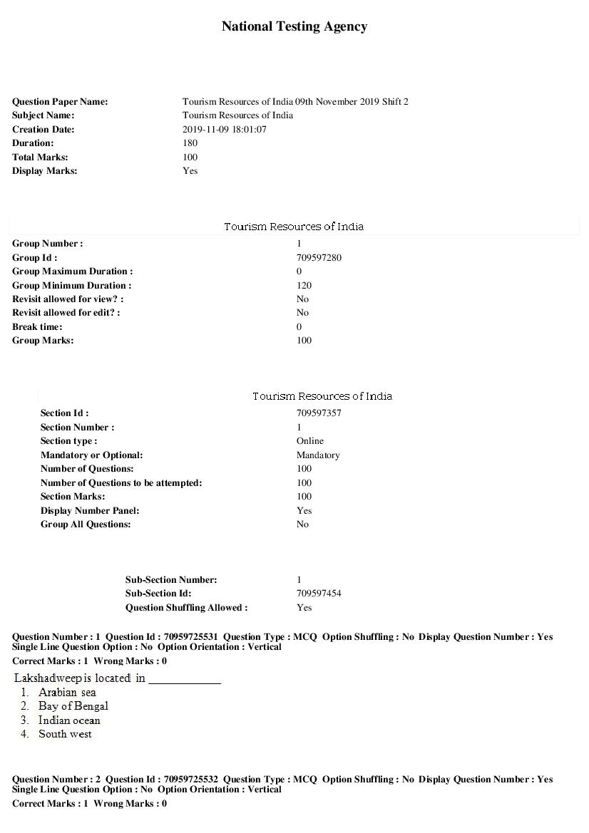 SWAYAM 2019 Question Paper Tourism Resources of India - Page 1 of 20