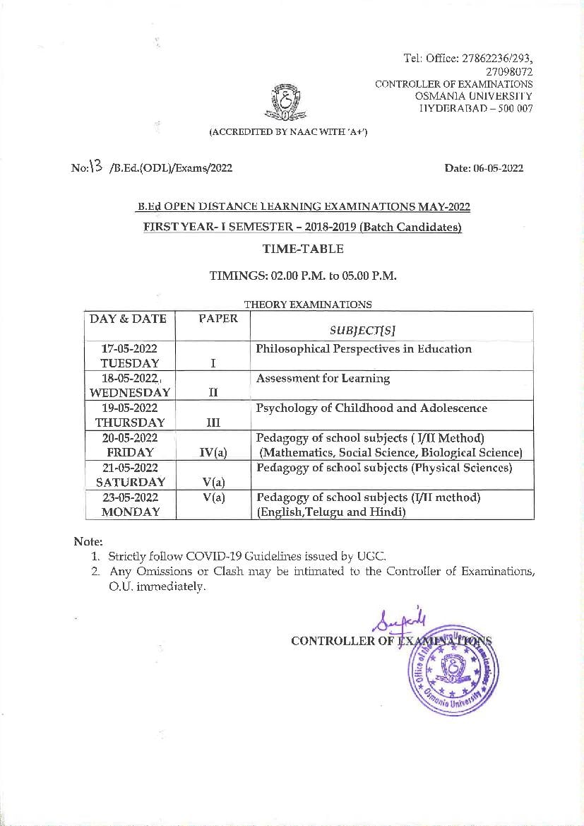 Osmania University Time Table for B.Ed (Open Distance Learning) Exam