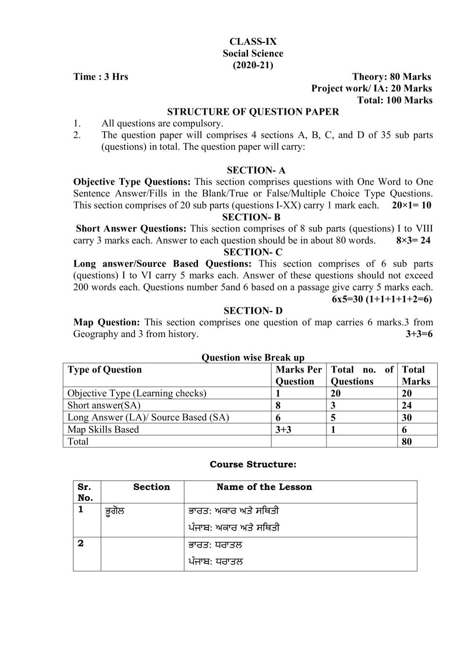 PSEB Syllabus 2020-21 for Class 9 Social Science - Page 1