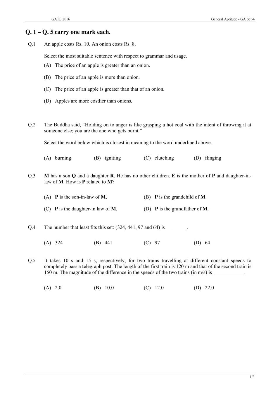 GATE 2016 Electronics and Communication Engineering (EC) Question Paper with Answer Set 3 - Page 1