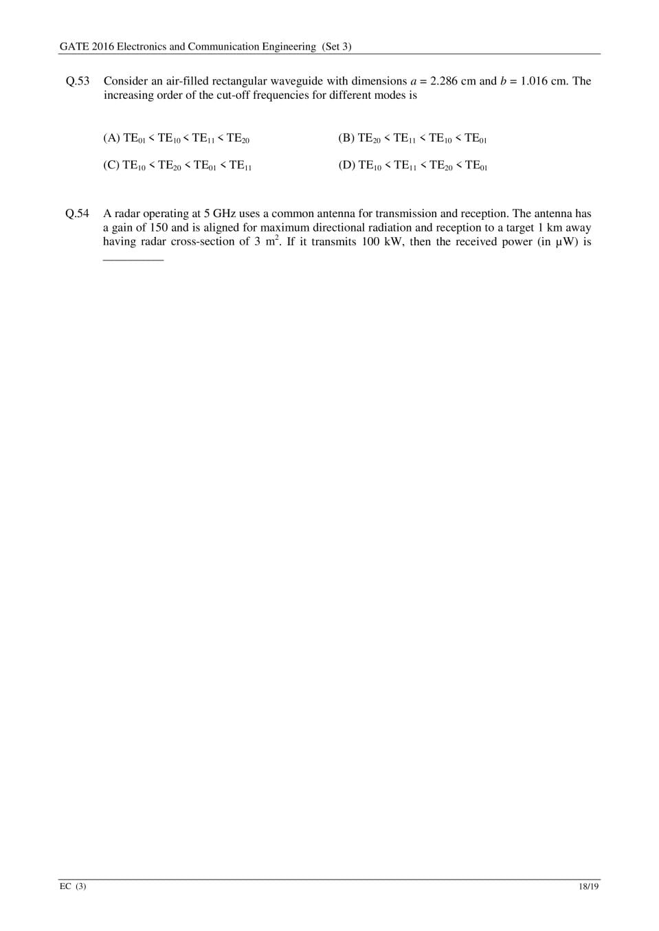 GATE 2016 Question Paper PDF with Answers (EC Set 3)