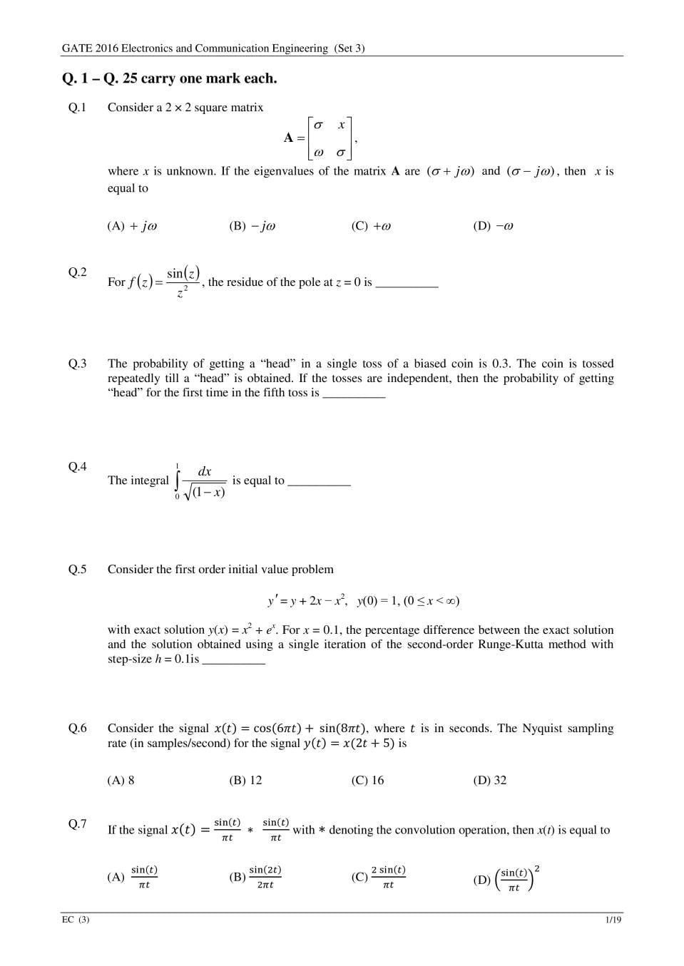 GATE 2016 Question Paper PDF with Answers (EC Set 3)