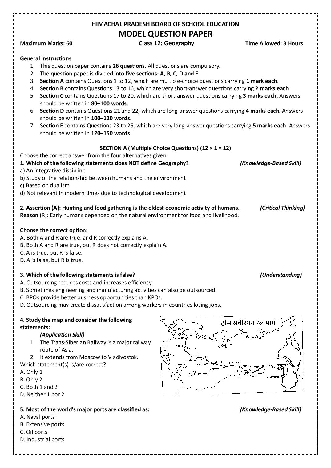 HP Board 12th Class Model Question Paper 2027 Geography - Page 1 of 15