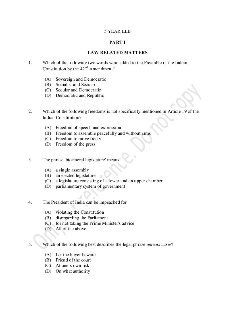 CUSAT CAT 2021 Question Paper BBA LLB, B.Com LLB - Page 1