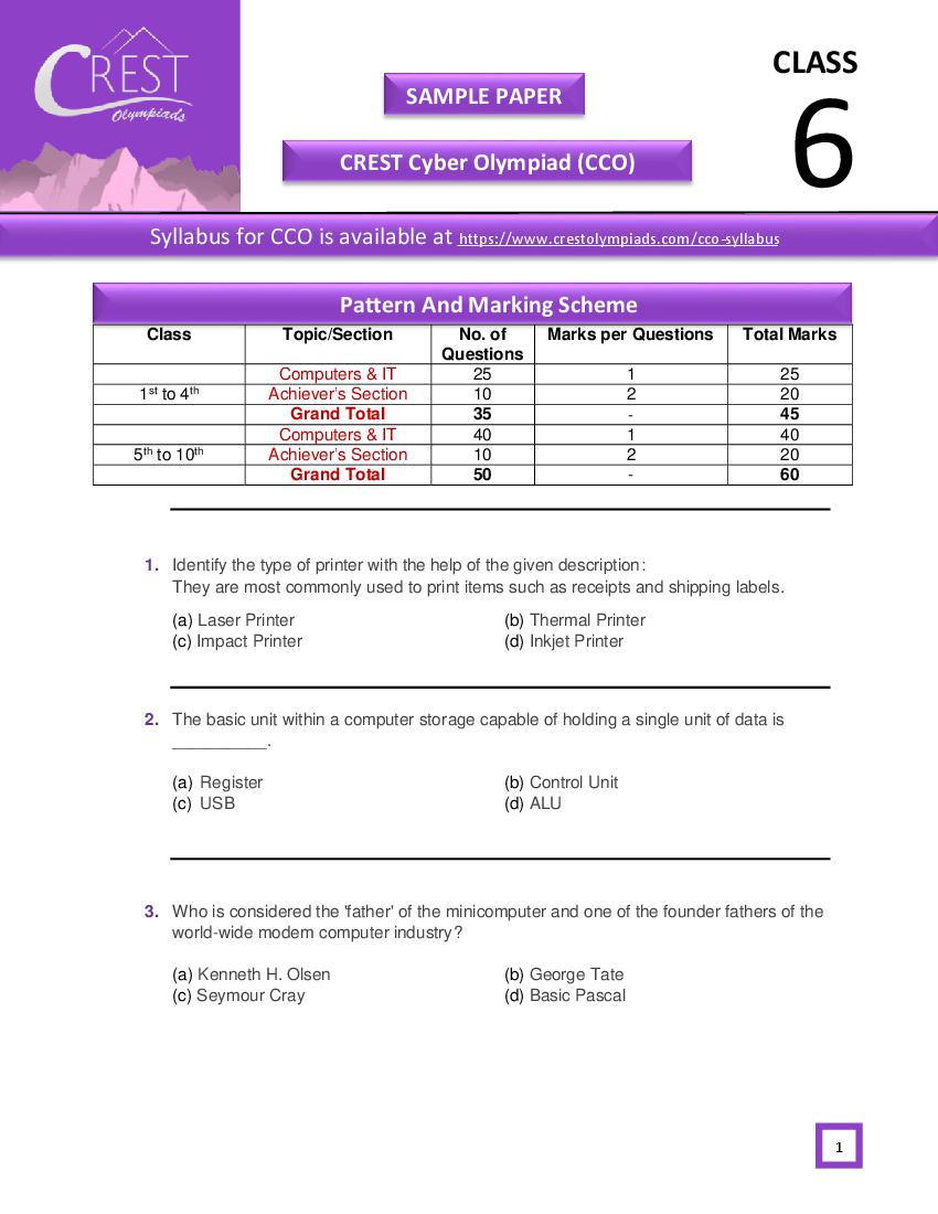 CREST Cyber Olympiad (CCO) Class 6 Sample Paper - Page 1