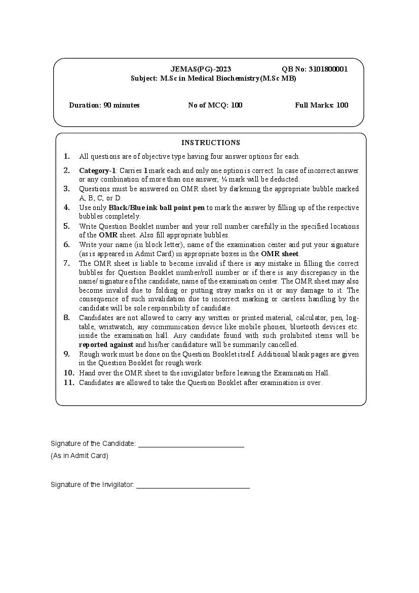 JEMAS PG 2023 Question Paper M.Sc MB - Page 1