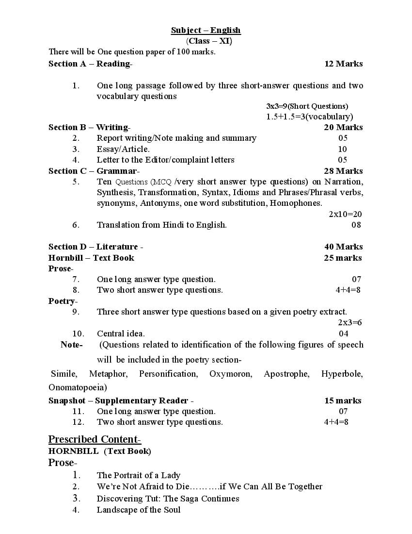 UP Board Class 11 Syllabus 2023 English - Page 1