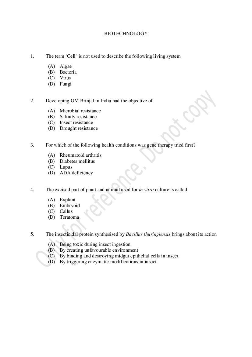 CUSAT CAT 2021 Question Paper Biotechnology - Page 1
