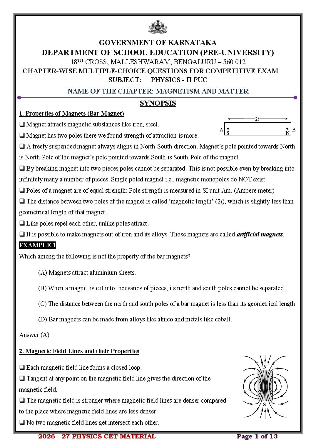 Karnataka 2nd PUC Physics Magnetism and Matter MCQ with Answers - Page 1 of 13