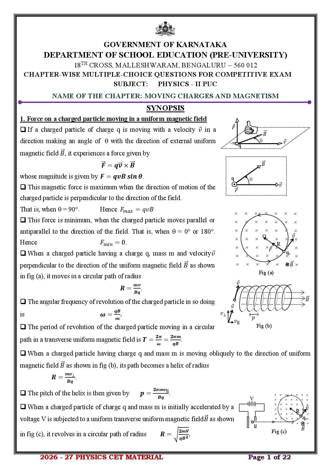 Karnataka 2nd PUC Physics Moving Charges and Magnetism MCQ with Answers - Page 1 of 22