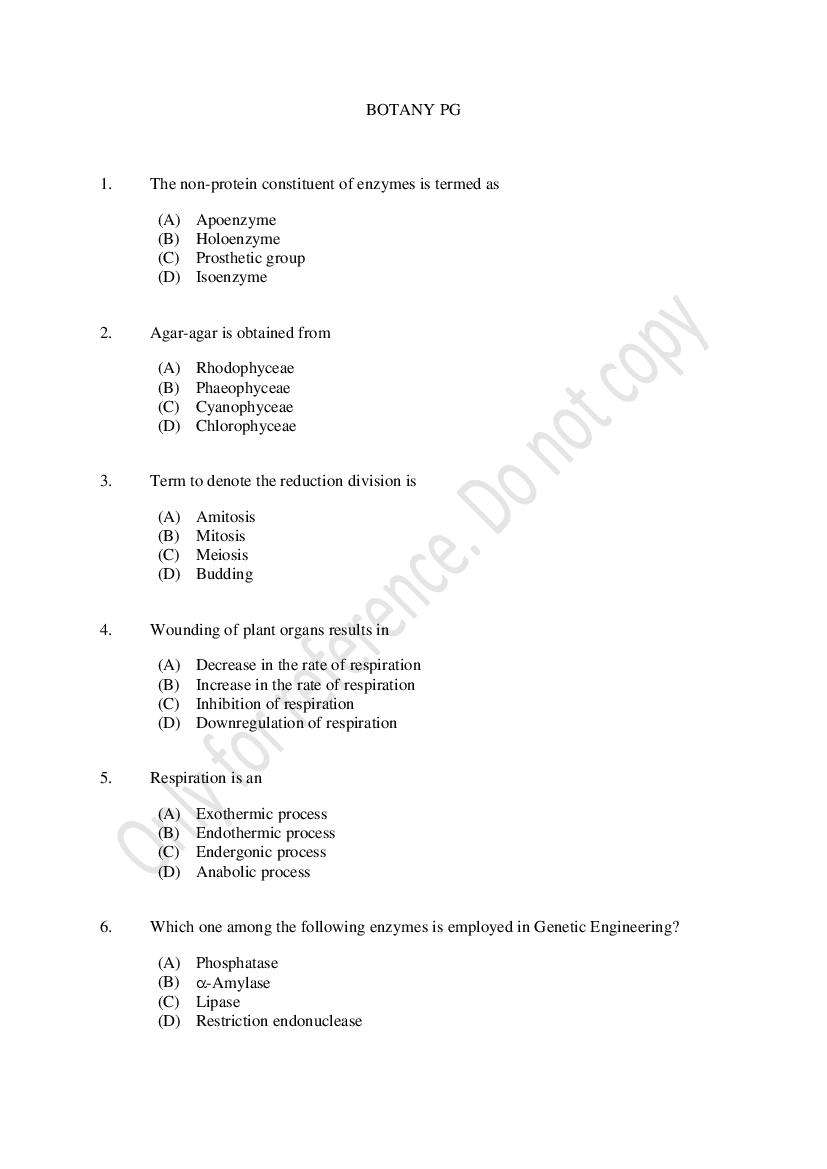 CUSAT CAT 2021 Question Paper Botany - Page 1