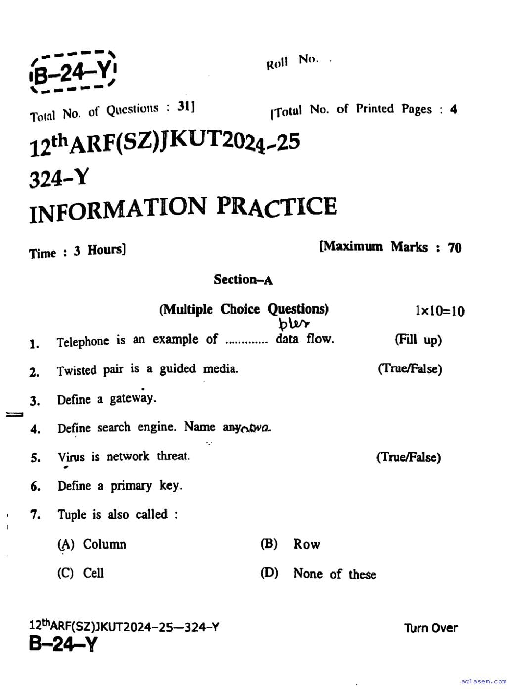 JKBOSE Class 12th Question Paper 2025 Information Practice - Page 1 of 4