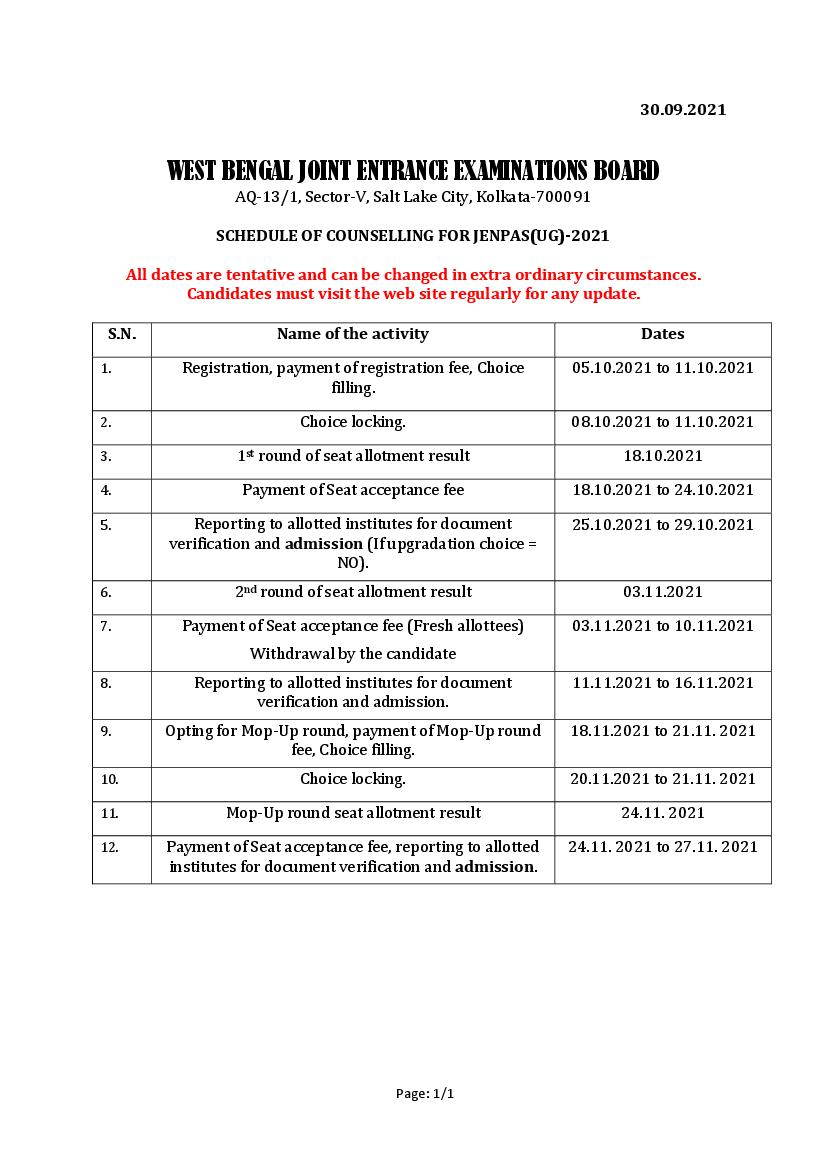 WBJEE JENPAUH Counselling 2021 Schedule - Page 1