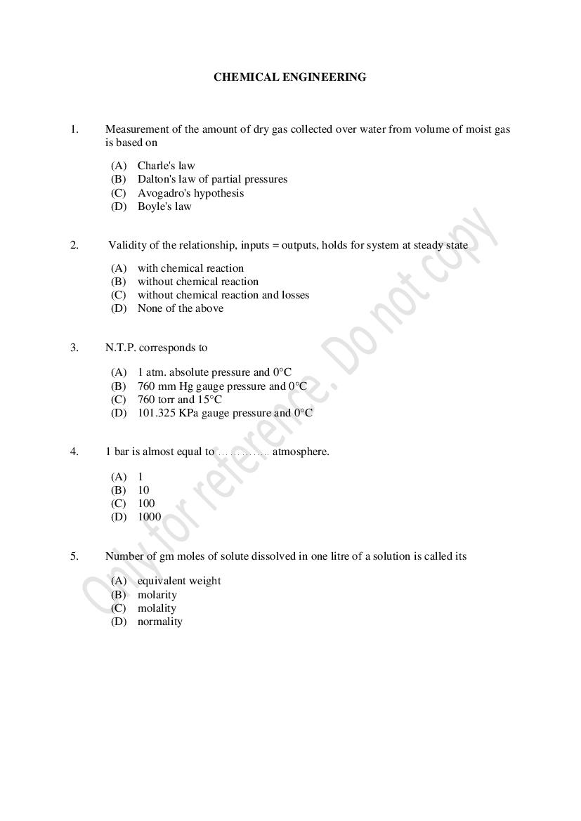 CUSAT CAT 2021 Question Paper Chemical Engineering - Page 1
