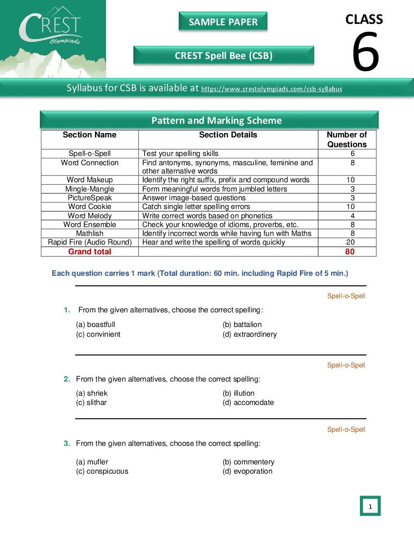 CREST International Spell Bee (CSB) Class 6 Sample Paper - Page 1