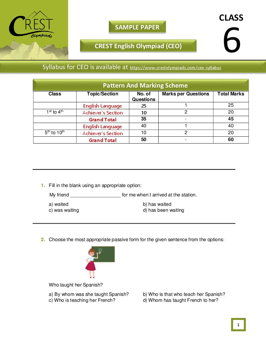 CREST English Olympiad (CEO) Class 6 Sample Paper - Page 1