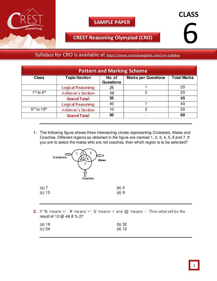 CREST Reasoning Olympiad (CRO) Class 6 Sample Paper - Page 1