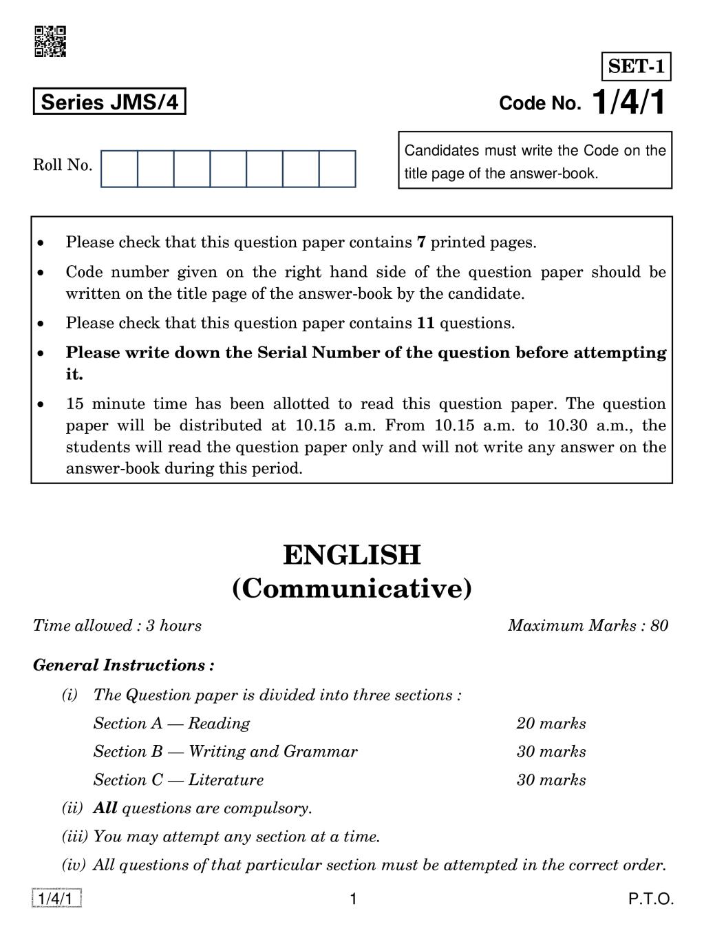 CBSE Class 10 English Communicative Question Paper 2019 Set 4 - Page 1