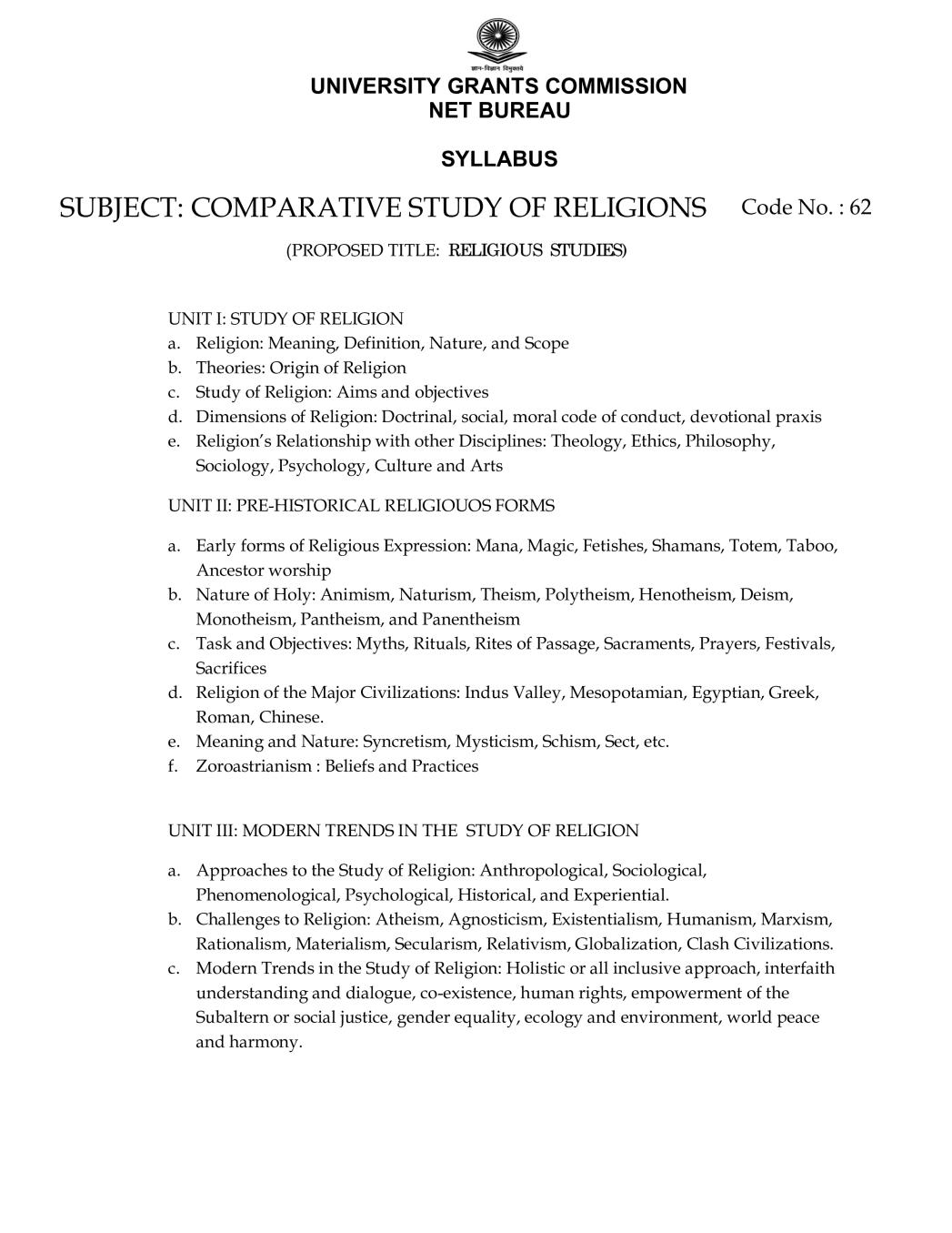 UGC NET Syllabus for	Comparative Study of Religions 2020 - Page 1