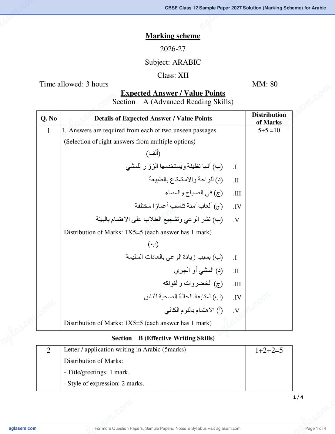 CBSE Class 12 Sample Paper 2027 Solution (Marking Scheme) for Arabic - Page 1 of 4