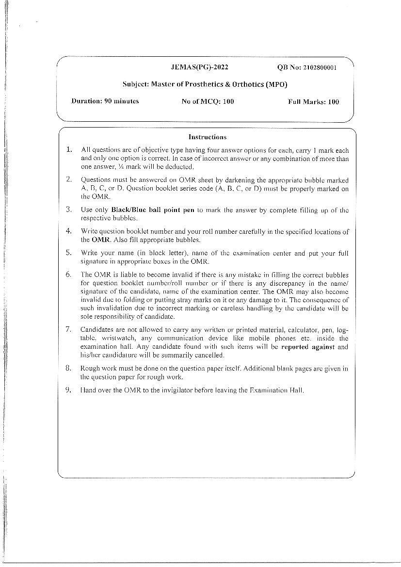 JEMAS PG 2022 Question Paper MPO - Page 1