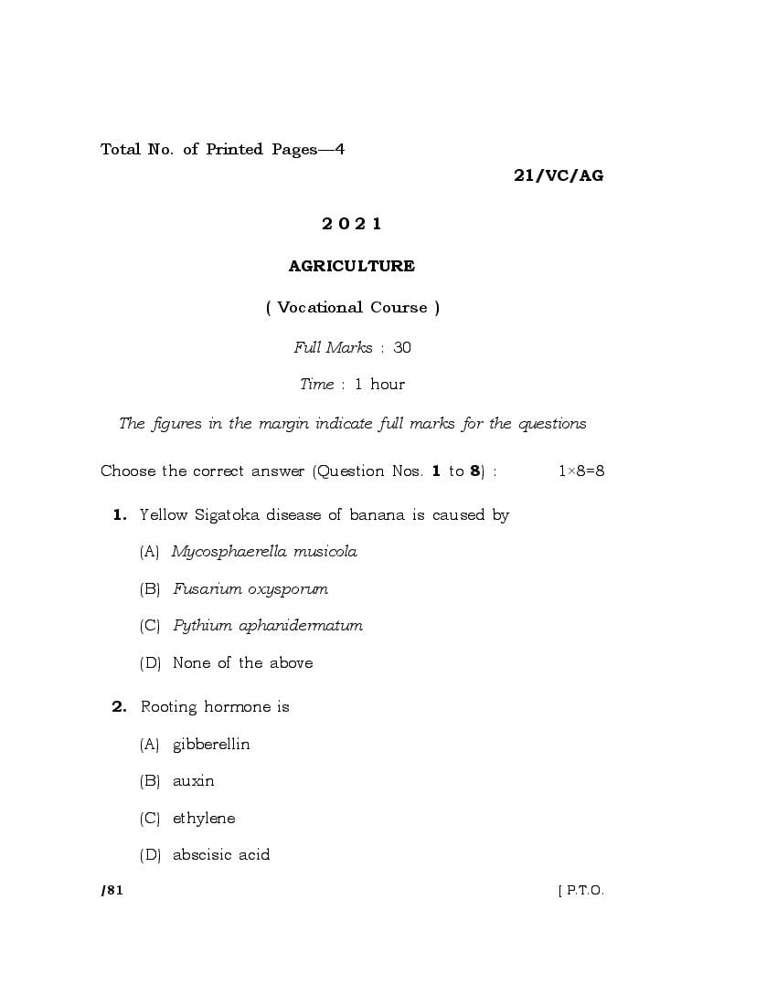 MBOSE Class 10 Question Paper 2021 for Agriculture - Page 1