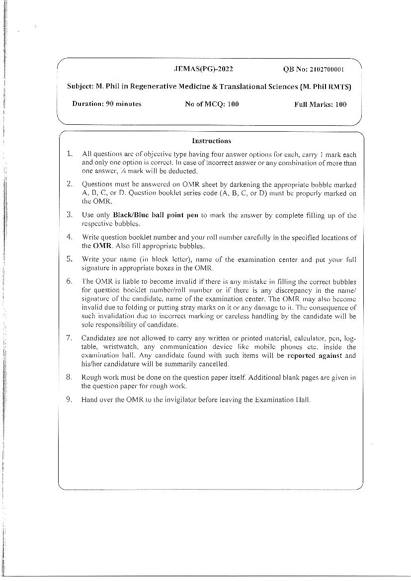 JEMAS PG 2022 Question Paper M.Phil RMTS - Page 1