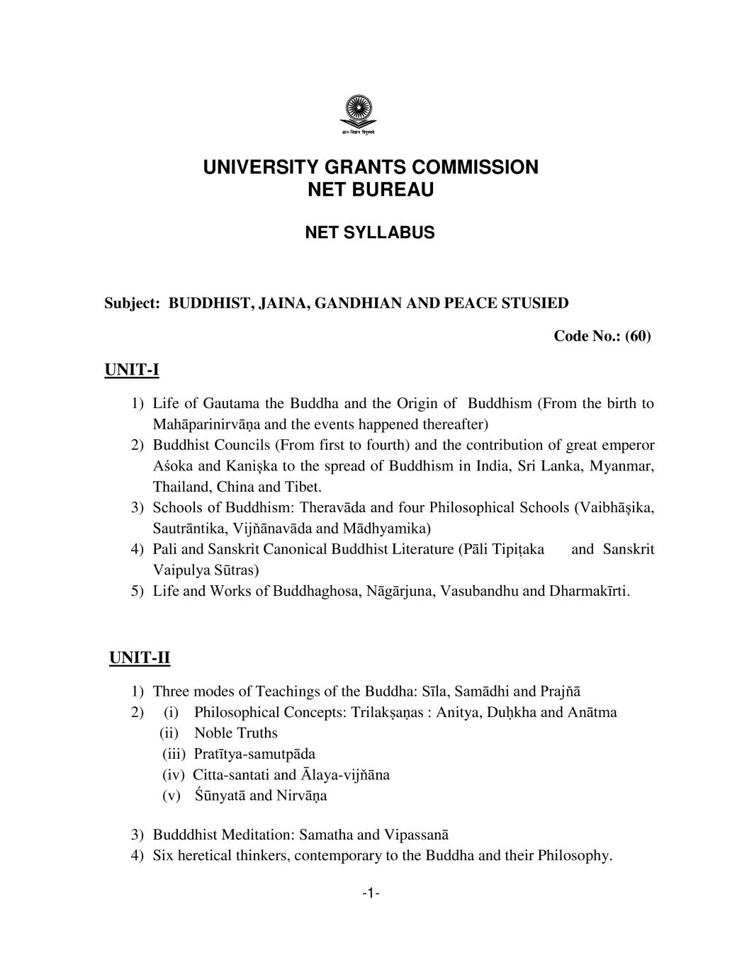 UGC NET Syllabus for	Buddhist, Jaina, Gandhian and Peace Studies 2020 - Page 1
