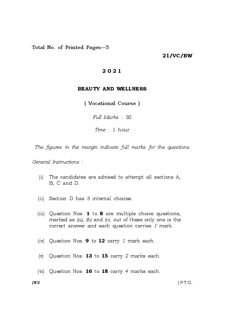 MBOSE Class 10 Question Paper 2021 for Beauty and Wellness - Page 1