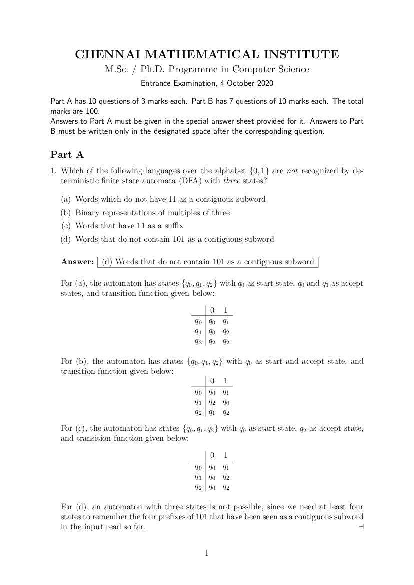 CMI Entrance Exam 2020 Question Paper Solution M.Sc Computer - Page 1 of 13